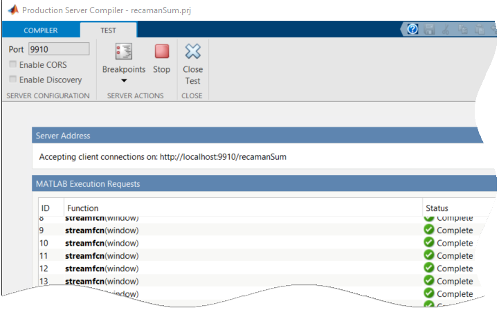 Production Server Compiler app interface with recamanSum