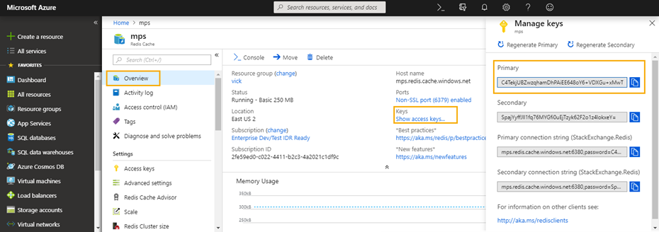 Overview of Azure Redis Cache resource in the Azure Portal. Access keys are displayed on the right.