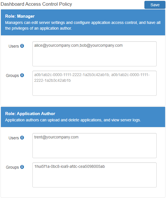 Role settings on the dashboard access control policy tab