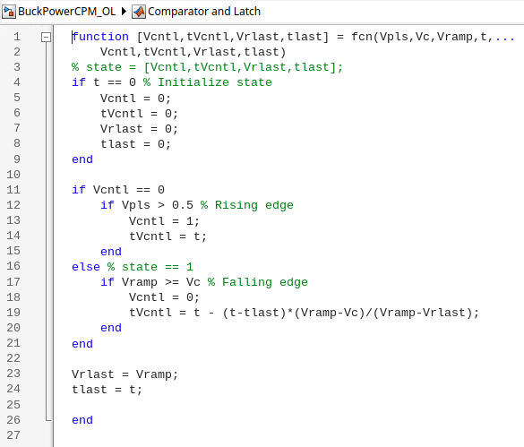 MATLAB code showing when comparator output switches from zero to one.