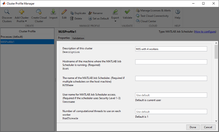 The Cluster Profile Manager, showing the properties of a MATLAB Job Scheduler cluster profile including a description of the cluster.