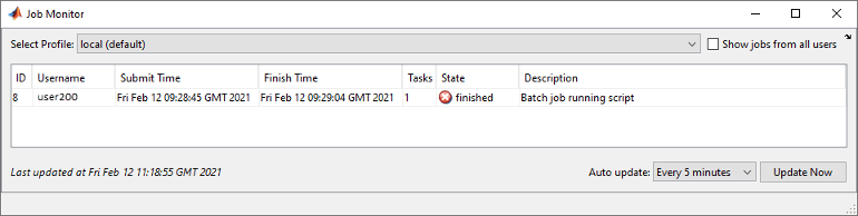 The Job Monitor showing a single job containing one task, with state "Finished".