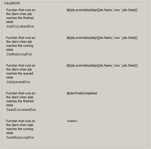 The Cluster Profile Manager showing the callback properties of a MATLAB Job Scheduler cluster profile. The JobFinishedFcn, JobRunningFcn, and JobQueuedFcn all display the name of the job and its status. The TaskFinishedFcn is the clientTaskCompleted function.