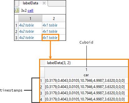 Label data table for point cloud signal in labelData cell array
