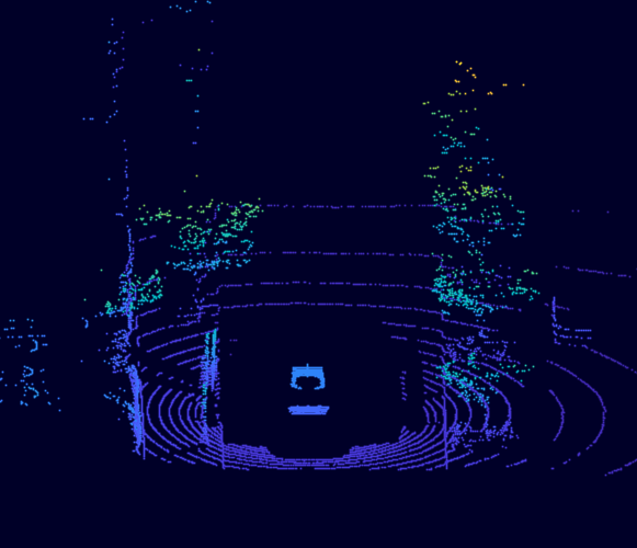 Chase view of a driving scene point cloud.