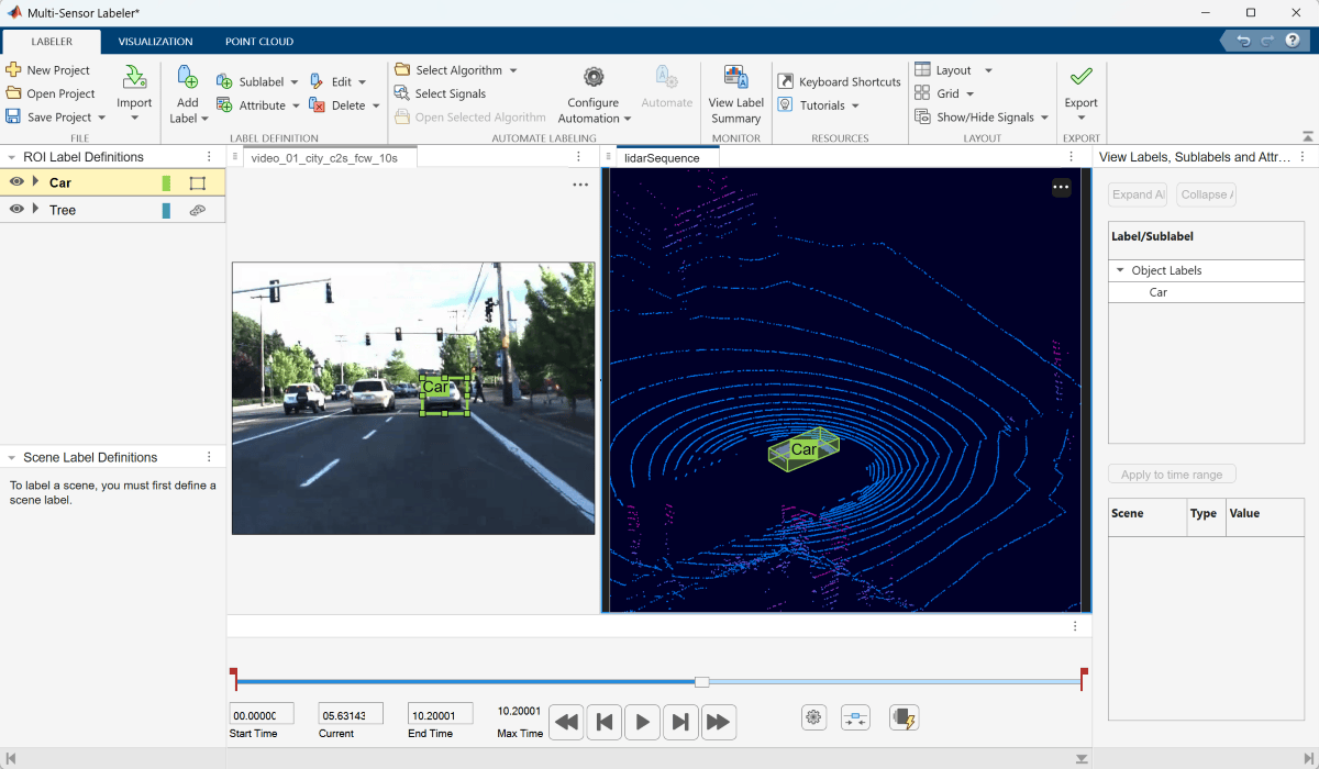 Multi Sensor Labeler App UI with imported video and point cloud signals.