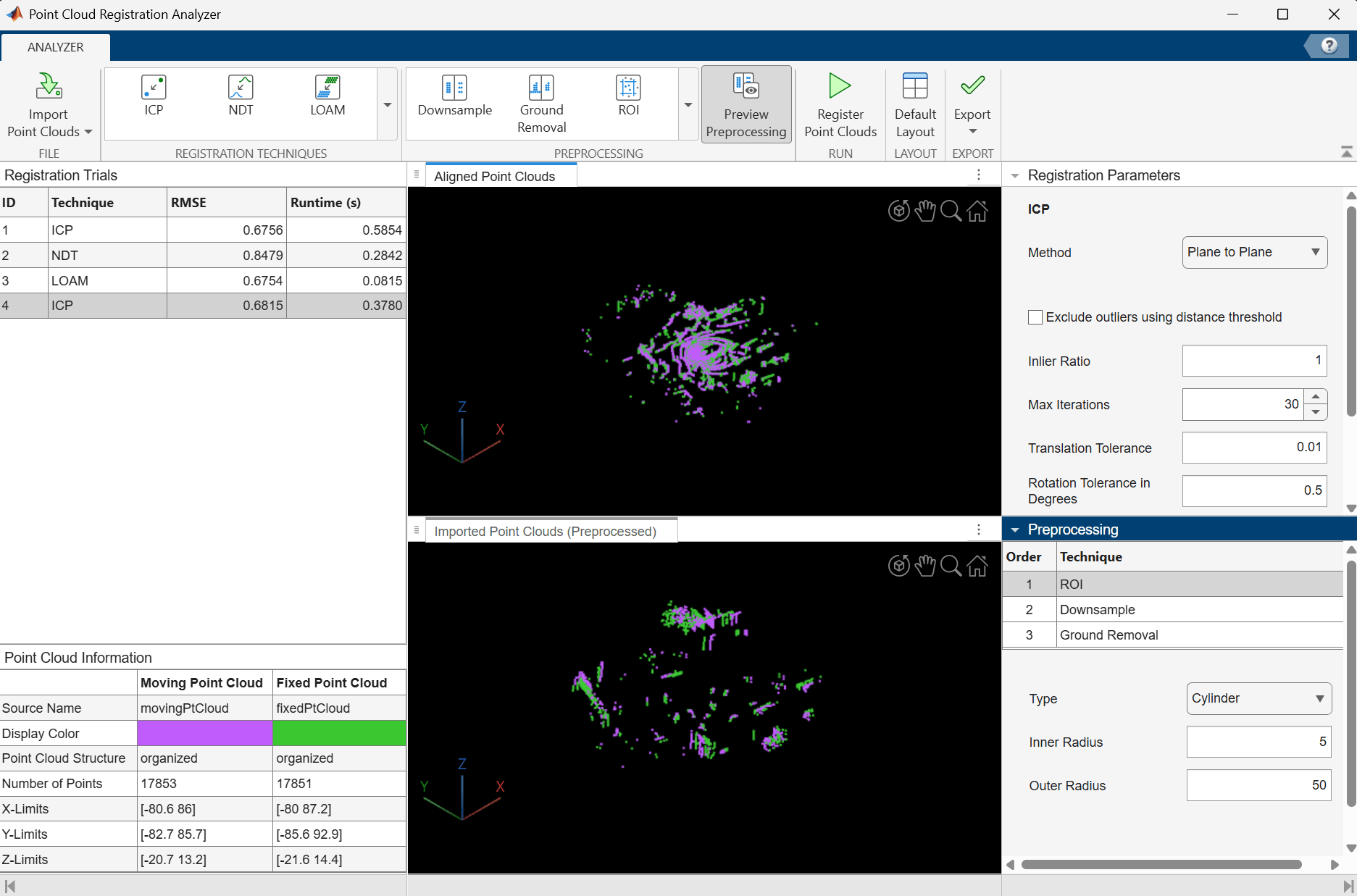 Point Cloud Registration Analyzer App interface