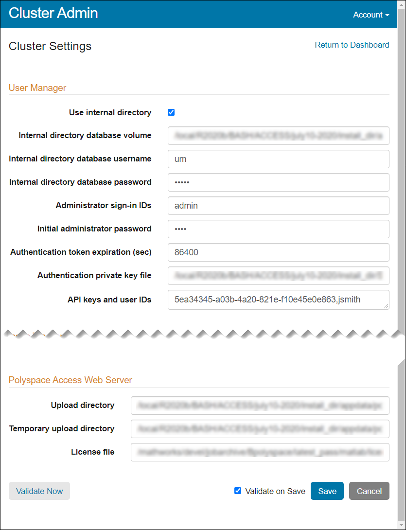 Settings view in the Cluster Admin interface