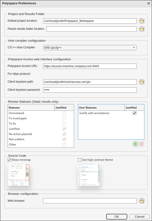 Polyspace Preferences window in Polyspace Platform user interface