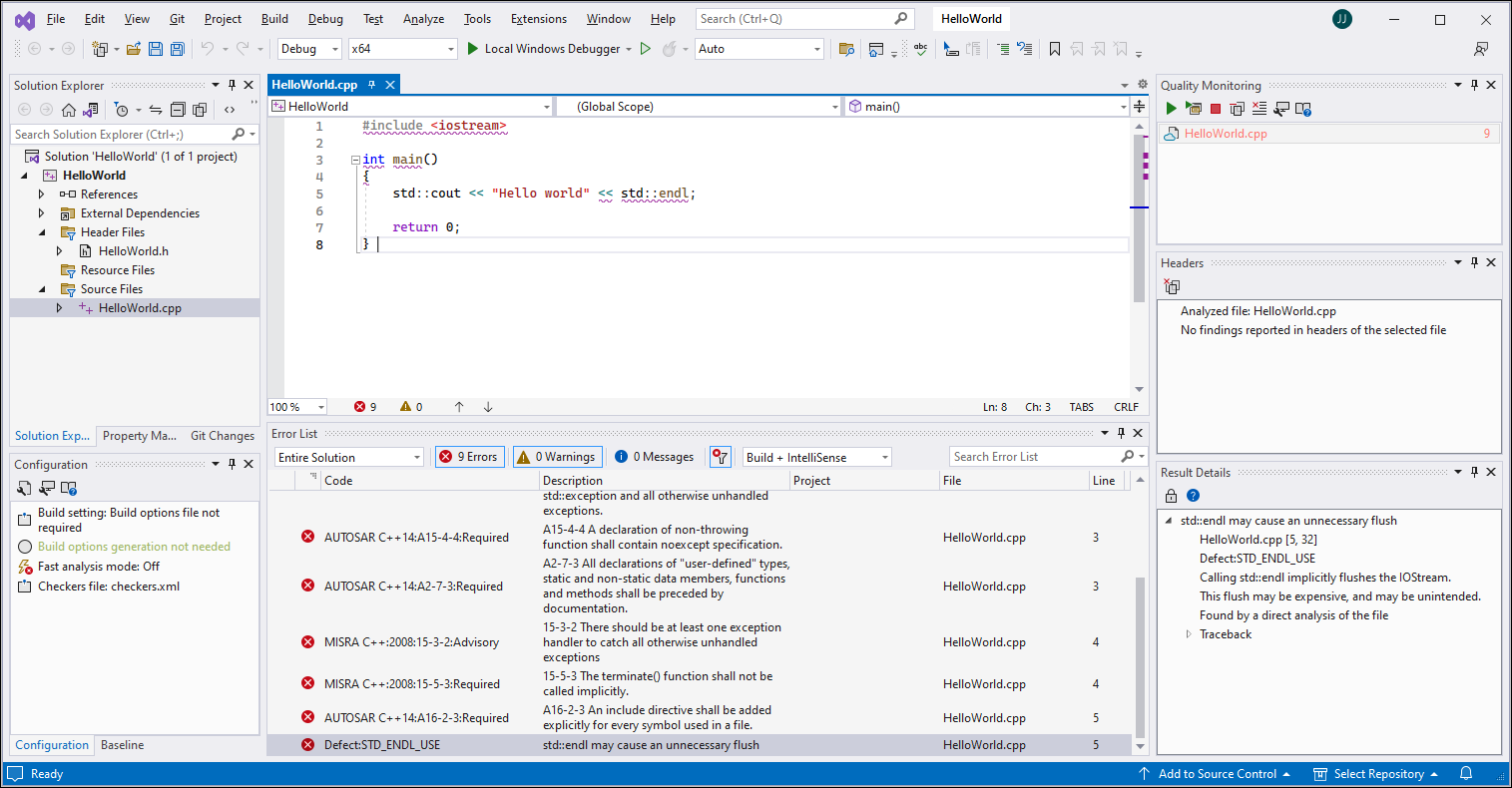 Example of Polyspace as You Code results in Visual Studio