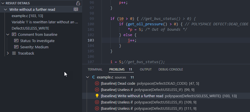 Problems panel and result details view