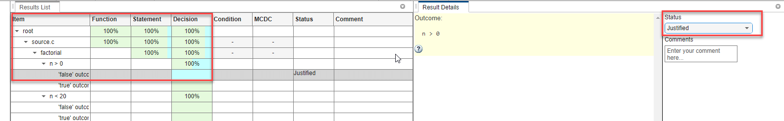 Results details with a justified outcome