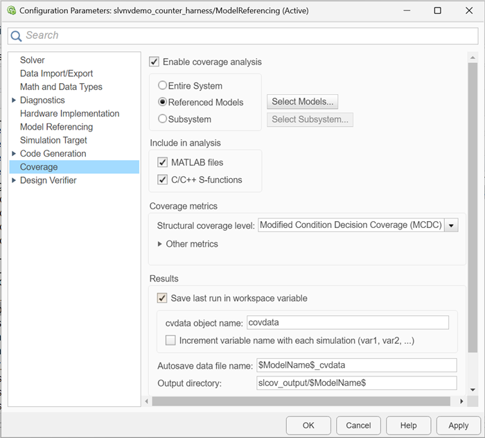 Configuration Parameters dialog box. Structural coverage level is set to Modified Condition Decision Coverage (MCDC) and Save last run in workspace variable is selected.