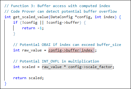 Source code view in the sanitizer profiling review showing the expression config->buffer[index] highlighted as a detected defect in the get_scaled_value function.