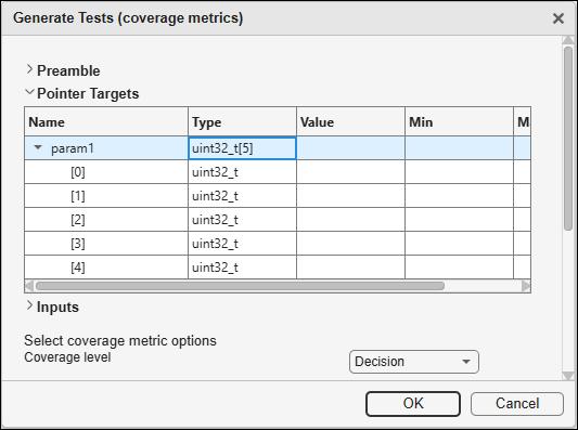 Pointer Targets section of test generation dialog showing resized target