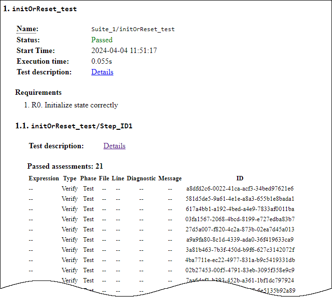 Details link next to Test description points to the test specification.
