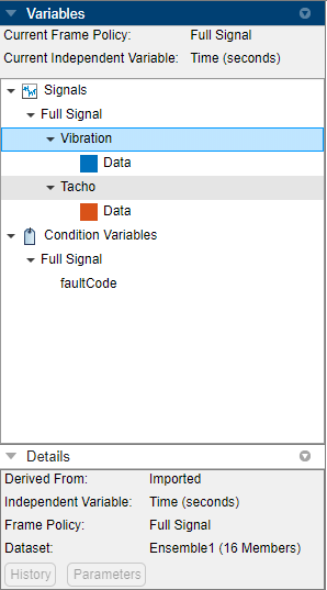 The Variables pane on the top shows Vibration and Tacho with legend boxes of different colors. The Details panel on the bottom provides information on Vibration.