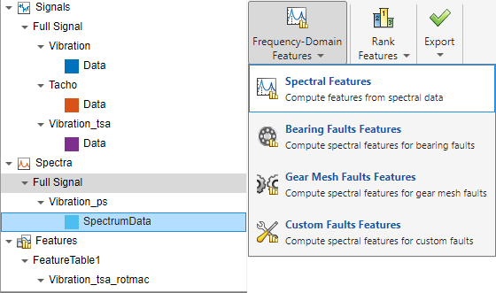 Spectra list is beneath the Signals list on the left. The Vibration-ps/SpectrumData signal is selected. In the Frequency-Domain Features list on the right, Spectral Features is the first option on the list.