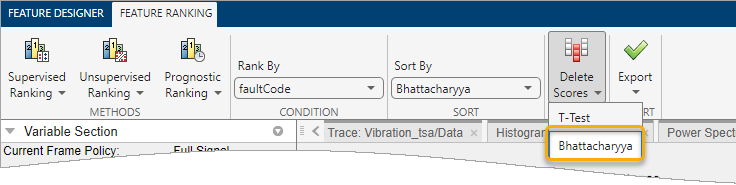 The Delete Scores button is the second from the right. The list beneath it includes T-Test and Bhattacharyya.