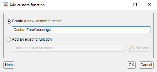 The Add custom function dialog box contains the Create option on the top and the Add option on the bottom. The top option is selected and the function name customZeroCrossings is specified.