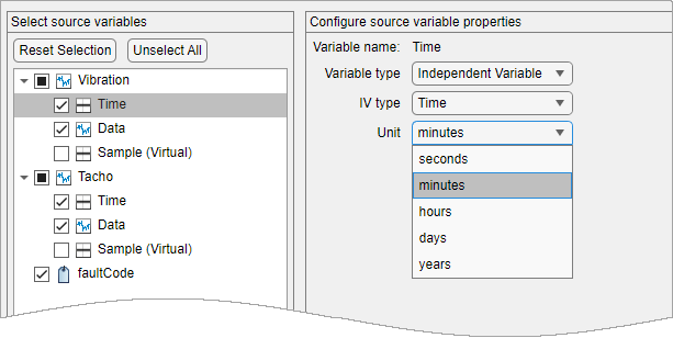 The Select source variables pane is on the left. The Time variable in the Vibration signal is highlighted. The Configure source variable properties pane on the right displays options for variable name, variable type, IV type, and unit. The unit menu ranges from seconds to years.