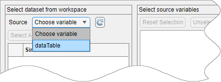 A menu displays the one available variable, which is dataTable.