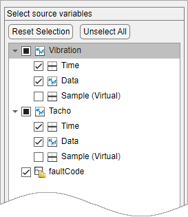 Source variables pane with Vibration, Tacho, and FaultCode in a column