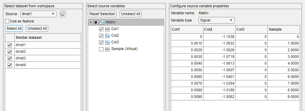 On the left is a list of the matrices to import. In the middle are the variables for each matrix, with the names "Col1", "Col2", and "Col3". On the right are the source variable properties, which include the variable type "Signal" and a preview of the matrix contents.