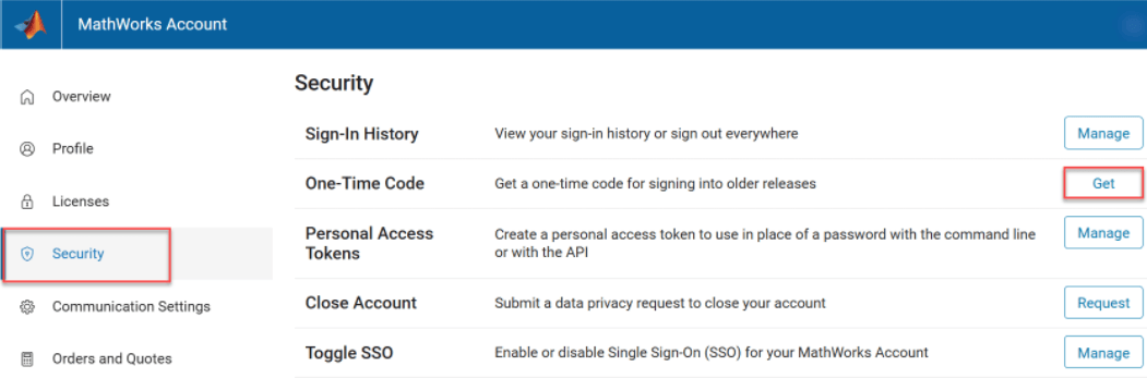 MathWorks Account Security page showing the Security tab and the Get button for One-Time Code.