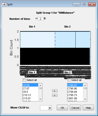 Split dialog for numeric predictor AMBalance with too many bins