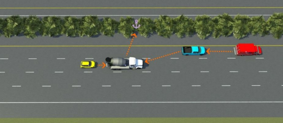 Four vehicles anchored to a road anchor point. Orange arrows indicate the direct parent anchor of each vehicle.