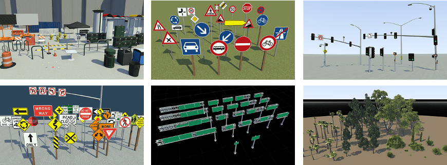 Examples of asset library assets, including road signs, trees, urban props, traffic signals, and highway street sign structures.
