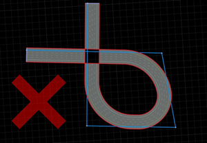 A single road that loops back in on itself. The road does not form a correct junction. The intersection is missing.