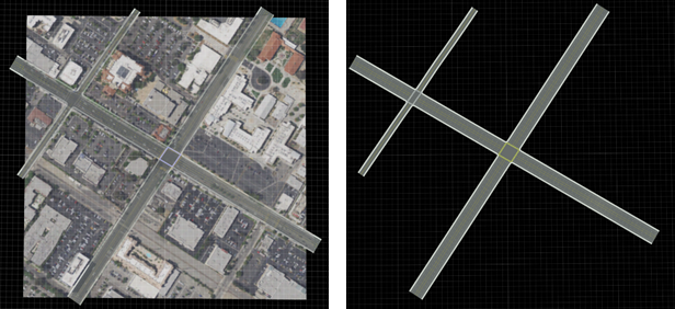 On the left, two simple intersections with GIS aerial imagery displayed below them. On the right, the same intersections without the GIS aerial imagery displayed.