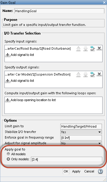 Gain Goal dialog box in Control System Tuner app with circle indicating Apply goal to area at the bottom of the dialog box. The Only models option is selected, with models 2:4 specified in the text field for that option.