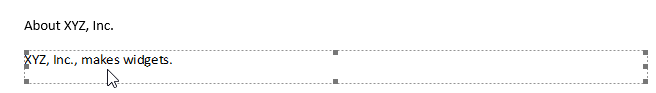 Document text, "About XYZ, Inc.", followed by a clickable image that reads XYZ, Inc., makes widgets.