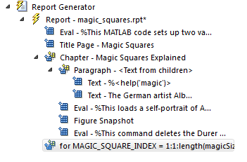 Outline pane displaying the For Loop as "for MAGIC_SQUARE_INDEX = 1:1:length(magicSizeVector)"