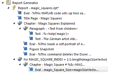 Outline pane with the component "Eval - magic_Sqaure_Size=magicSizeVector" selected