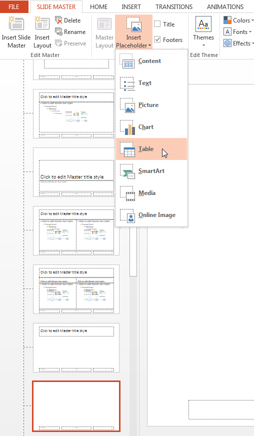 Slide Master view with Insert Placeholder > Table selected