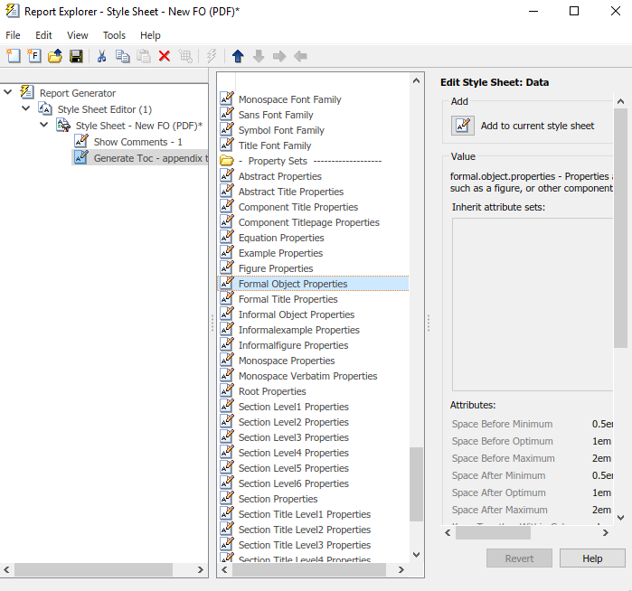 Report Explorer showing the Formal Object Properties attribute set in the Properties pane