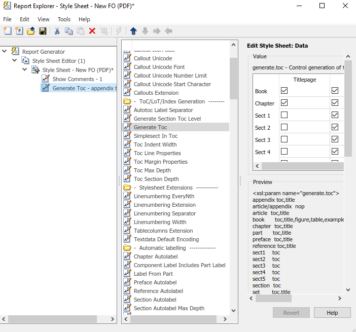 Report Explorer showing the check boxes that are selected when Generate Toc is selected on the PDF style sheet