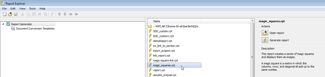 Report Explorer window with magic_squares.rpt selected in the list of reports in the middle pane