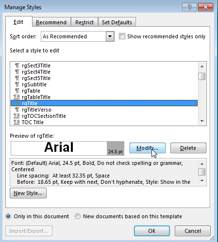 Manage Styles dialog box with rgTitle selected and the mouse cursor placed over the Modify button