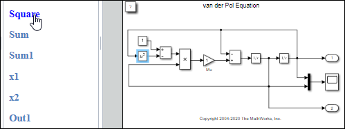 Square block name is selected and the Square block in the diagram is highlighted in blue.