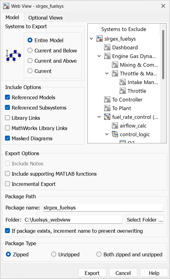 Web view dialog box for the slrgex_fuelsys model showing the options for this example.