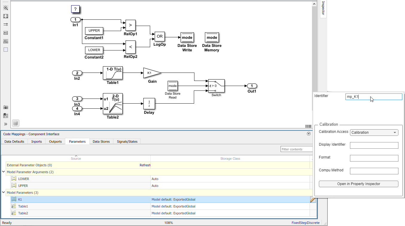 Code Mappings editor with Parameters tab selected, Model parameters tree node expanded, and storage class for parameters K1, Table1, and Table2 set to Model default: ConstVolatile. Mapping Inspector shows Identifier property for parameter Table2 set to mp_Table2D.