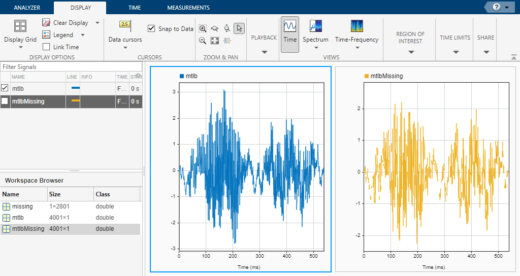 Signal Analyzer app, showing the Display strip, the "mtlb" signal is selected and played in loop.