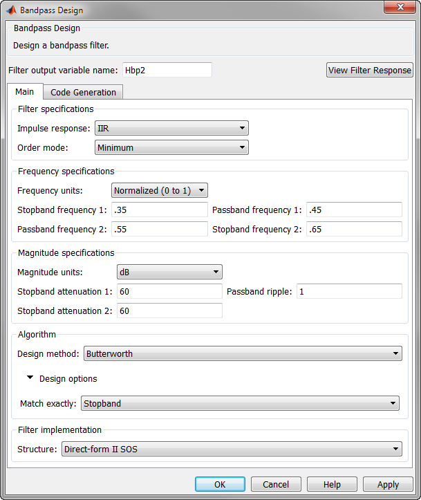 Bandpass Design window. The window has two panes: Main, and Code Generation. The figure shows the Main pane. The Match Exactly label is located at the bottom of the Algorithm section. The figure shows the Stopband design option selected.