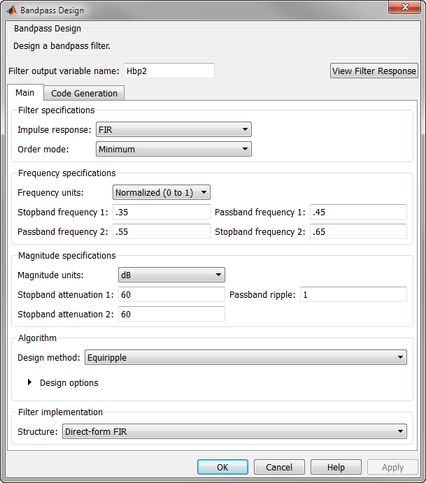 Bandpass Design window. The window has two panes: Main, and Code Generation. The figure shows the Main pane.