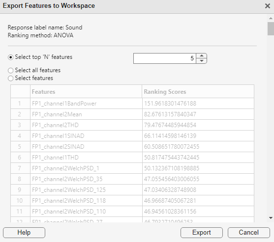 Export ranked features to workspace dialog box.